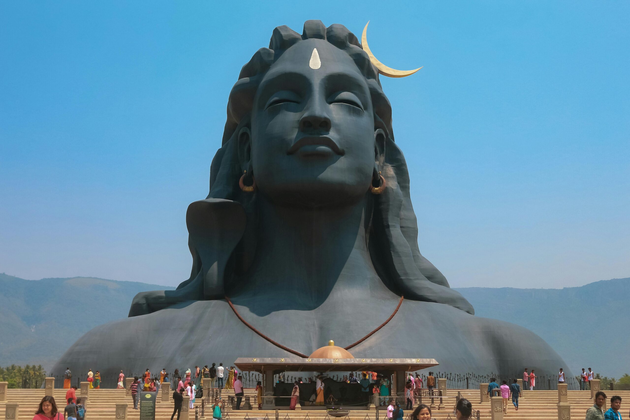 Majestic Adiyogi Shiva statue with visitors at Coimbatore, India.