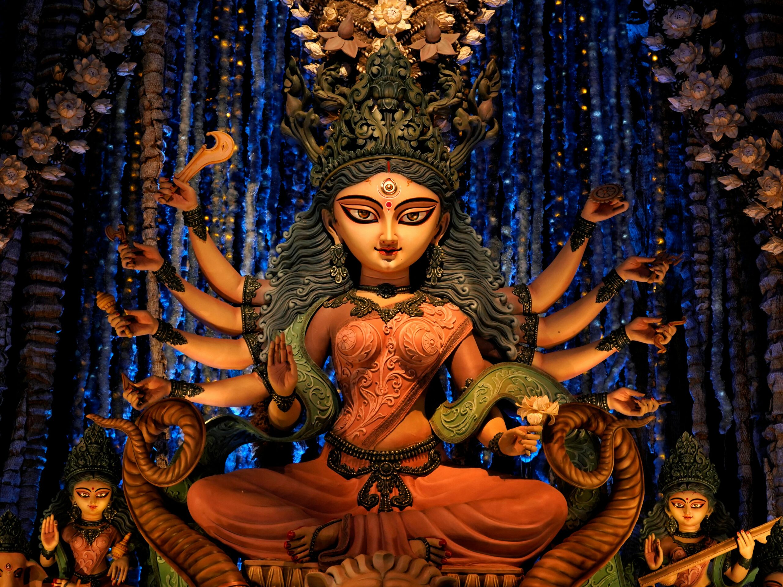Exquisite Durga idol depicting Bengali culture at Durga Puja festival in Kolkata, India.