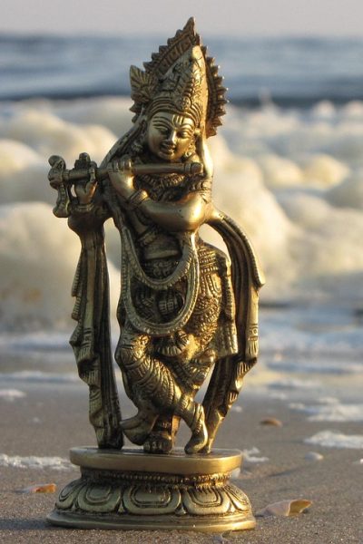 figure, krishna, hinduism, spirituality, indian, statue, characters, holier, nature, deity, religion, good shepherd, brass, beach, water, sea, sand, blue